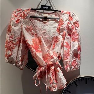 H&M White Wrap Blouse with Pink-Orange Floral Print